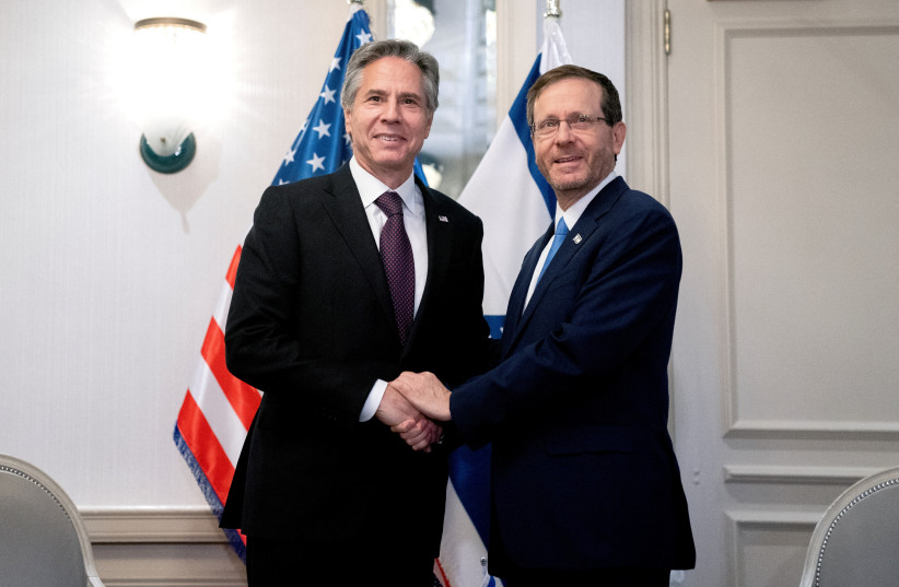  US Secretary of State Antony Blinken (L) meets Israeli president Isaac Herzog in Washington, DC, October 25, 2022 (photo credit: STEFANI REYNOLDS/POOL VIA REUTERS)