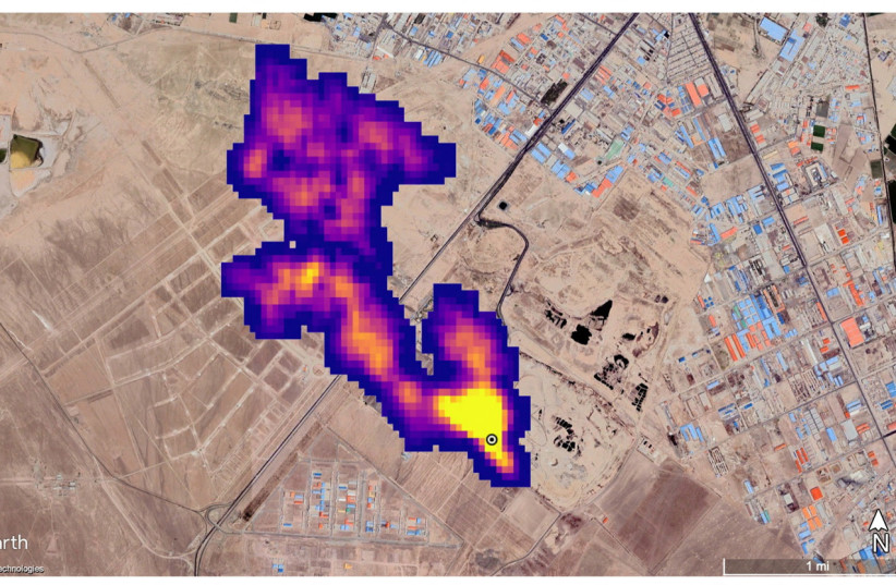  Imaging of a methane plume at least 3 miles (4.8 km) long rising from a major landfill, where methane is a byproduct of decomposition, south of Tehran, Iran, captured by NASA's orbital imaging spectrometer, is overlaid on a satellite photo in this handout image released October 25, 2022 (photo credit: GOOGLE EARTH/MAXAR/NASA/JPL-CALTECH/HANDOUT VIA REUTERS)