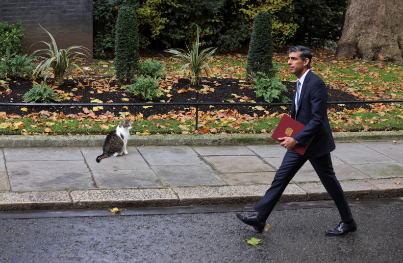  Britain's new Prime Minister Rishi Sunak walks past Larry the cat outside Downing Street, in London, Britain, October 25, 2022. (credit: REUTERS/KEVIN COOMBS)