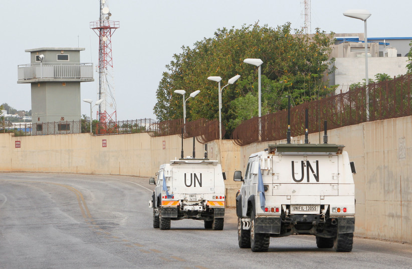  UN peacekeepers (UNIFIL) vehicles drive in Naqoura, near the Lebanese-Israeli border, southern Lebanon, May 4, 2021. (credit: AZIZ TAHER/REUTERS)