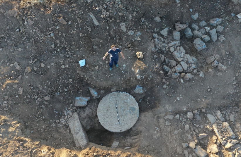 A massive Roman-era column base was found near Mount Hermon in northern Israel. What was it used for? (photo credit: Tzviki Badihi and Anya Kleiner/Israel Antiquities Authority)