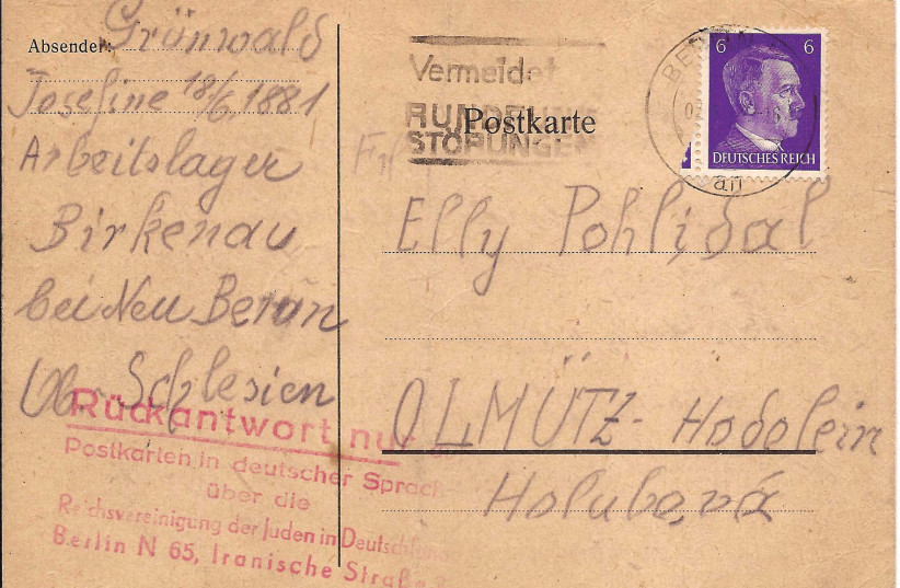  A postcard which was sent by Gronsky’s grandmother from Auschwitz to non-Jewish relatives in Olomouc on March 25, 1944. (credit: COURTESY PETER GRONSKY)