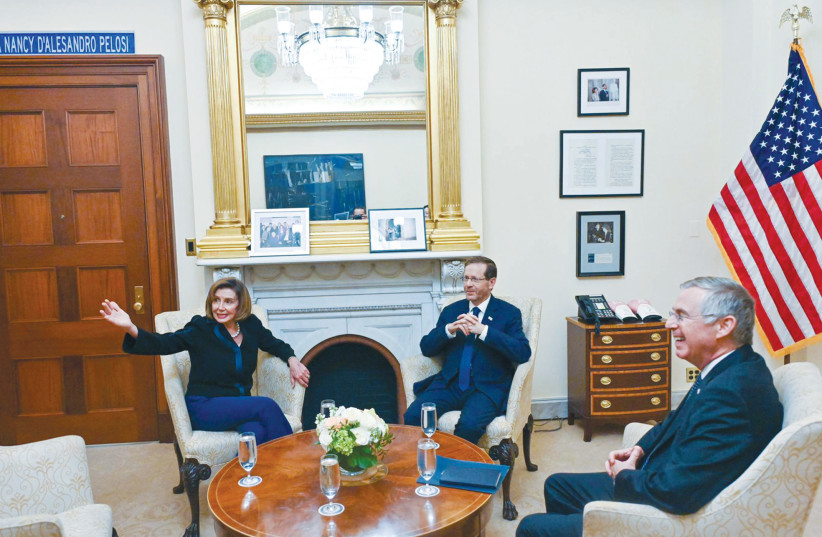  HOUSE SPEAKER Nancy Pelosi hosts President Isaac Herzog and his older brother Michael, who is Israel’s ambassador to the US (photo credit: KOBI GIDEON/GPO)
