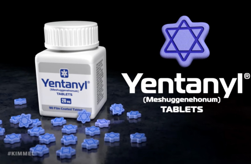  A Jimmy Kimmel sketch advertises a medication for antisemites known as "Yentanyl." (photo credit: SCREENSHOT VIA YOUTUBE)