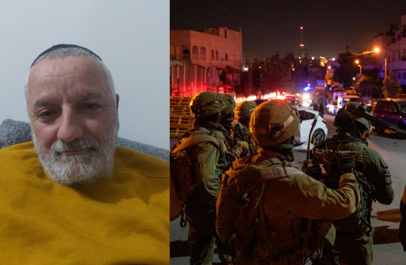  LEFT: Slain victim of Kiryat Arba terror attack, 50-year-old Ronen Hanania. RIGHT: IDF soldiers operate at the scene of the attack, October 29, 202.  (credit: COURTESY OF THE FAMILY, IDF SPOKESPERSON'S UNIT)