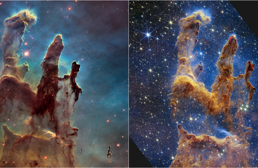  NASA's Hubble Space Telescope made the Pillars of Creation famous with its first image in 1995, but revisited the scene in 2014 (L) to reveal a sharper, wider view in visible light. A new, near-infrared-light view from NASA’s James Webb Space Telescope (R) helps us peer through more of the dust. (credit: NASA)