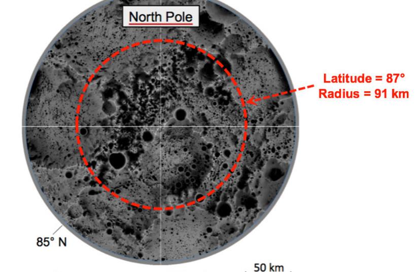  Photograph looking down on the Moon's north pole, restricted to 5° of latitude. The red dashed ring at a latitude of 87° contains the PV arrays. (credit: BEN GURION UNIVERSITY OF THE NEGEV)