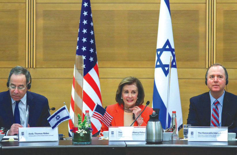  US HOUSE Speaker Nancy Pelosi is flanked by Rep. Adam Schiff (right) and US Ambassador to Israel Thomas Nides during a meeting in the Knesset, earlier this year. ‘As a lifelong Democrat, I’m worried about voices growing louder within the Democratic party,’ says the writer.  (photo credit: ABIR SULTAN / REUTERS)