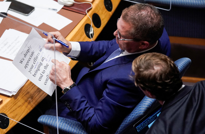 Israel ambassador to the UN Gilad Erdan prepares his intervention during the security council meeting due to the situation in Middle East and Palestine, at the United Nations headquarters in New York, US, August 8, 2022. (credit: REUTERS/EDUARDO MUNOZ)