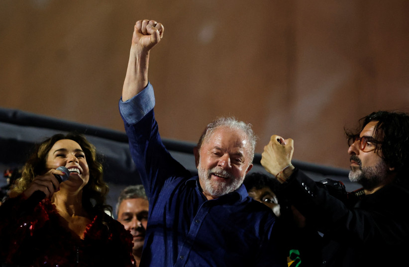  Brazil's former President and presidential candidate Luiz Inacio Lula da Silva gestures at an election night gathering on the day of the Brazilian presidential election run-off, in Sao Paulo, Brazil, October 30, 2022. (credit: REUTERS/AMANDA PEROBELLI)