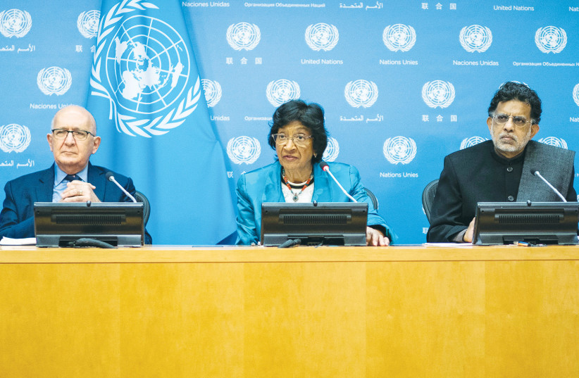  MEMBERS OF THE United Nations Independent International Commission of Inquiry on the Occupied Palestinian Territory, Navanethem Pillay, Miloon Kothari and Chris Sidoti, attend a press briefing at the United Nations headquarters in New York, last week. (credit: Eduardo Munoz/Reuters)