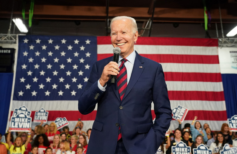  U.S. President Joe Biden reacts as he participates in a campaign fundraising event for U.S. Rep. Mike Levin (D-CA) in San Diego, California, US, November 3, 2022.  (photo credit: KEVIN LAMARQUE/REUTERS)