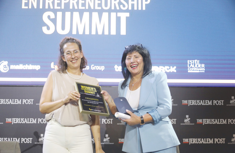  OR HAREL (left), co-founder of Elvi.Ai, poses with her winner’s plaque next to Luzzatto Group CEO Esther Luzzatto.  (photo credit: MARC ISRAEL SELLEM/THE JERUSALEM POST)