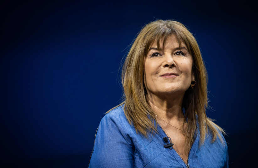  Channel 12 news anchor and journalist, Rina Matzliach at a conference of the Israeli Television News Company in Jerusalem on March 7, 2021 (photo credit: YONATAN SINDEL/FLASH90)