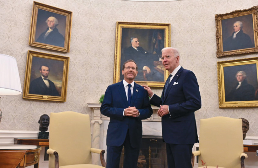  Israel's President Isaac Herzog is seen meeting with US President Joe Biden in the White House. (photo credit: KOBI GIDEON/GPO)