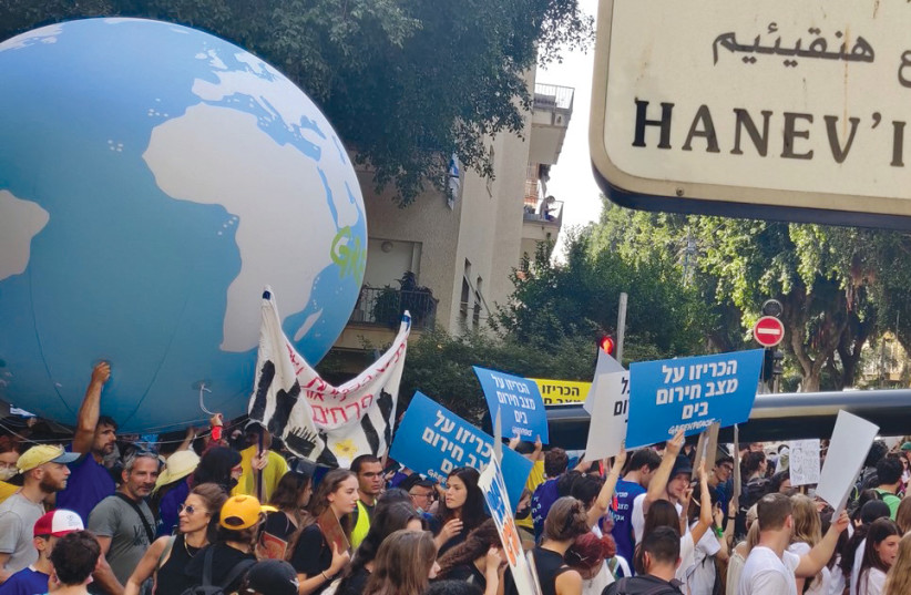  Speaking prophetic truth to power, the youth-led climate march down Rehov Hanevi’im (Prophets Street) in Tel Aviv.  (photo credit: Yosef Israel Abramowitz)