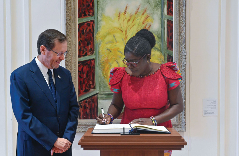  PRESIDENT ISAAC HERZOG with the ambassador of Ghana, Lydia Ofosua Amartey. (photo credit: KOBI GIDEON/GPO)