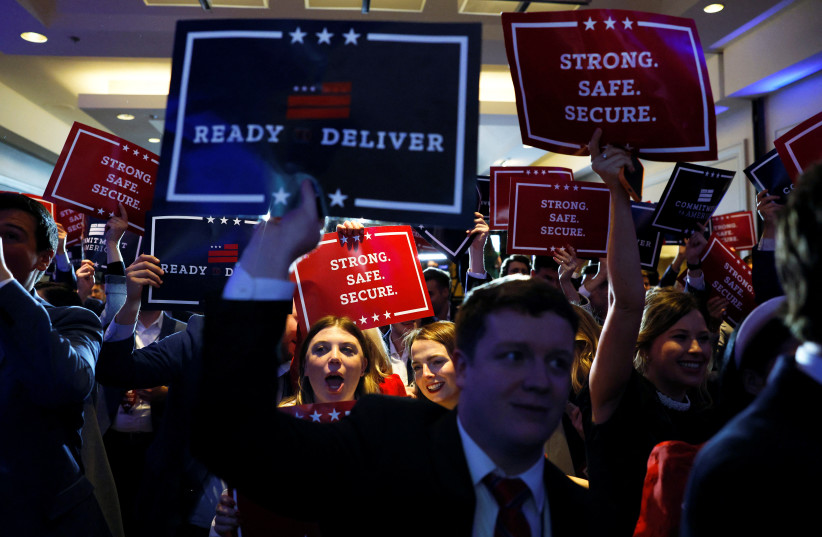 Supporters cheer US House Republican Leader Kevin McCarthy (R-CA) at a House Republicans' party held late on the night of the 2022 US midterm elections in Washington, US, November 9, 2022.  (photo credit: TOM BRENNER/REUTERS)