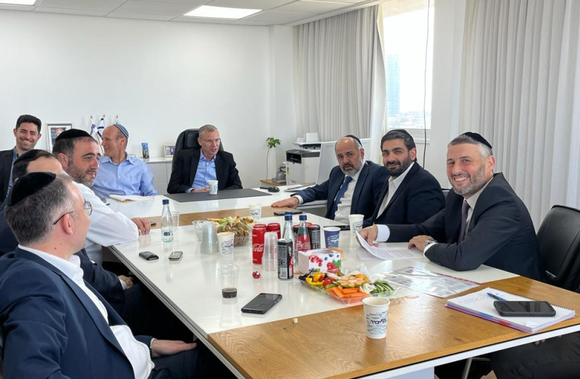  Shas MKs meet with the Likud party to negotiate the terms of the coalition, November 10, 2022 (photo credit: LIKUD SPOKESPERSON)