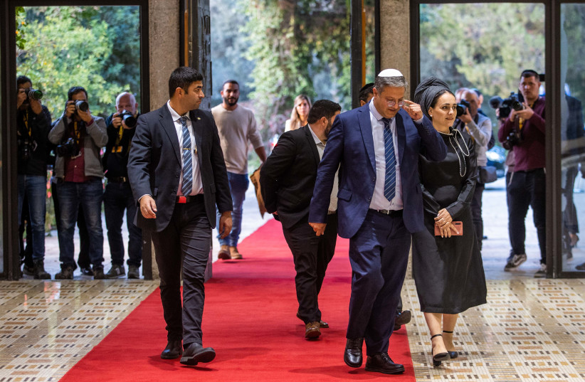  The Otzma Yehudit faction, led by MK Itamar Ben-Gvir (center), is seen walking into the President's Residence for a meeting with Israeli President Isaac Herzog, in Jerusalem, on November 10, 2022. (photo credit: OREN BEN HAKOON)