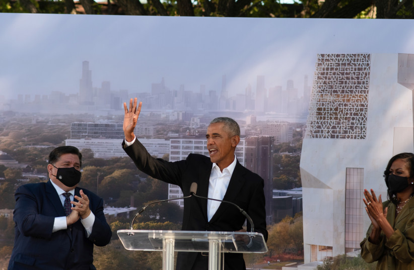  Former US president Barack Obama attends a groundbreaking ceremony for the Obama presidential center in Jackson Park, in Chicago, Illinois, US September 28, 2021.  (photo credit: SEBASTIAN HIDALGO/REUTERS)