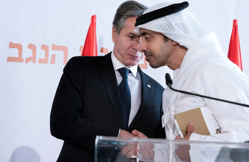 After meeting for the Negev Summit, U.S. Secretary of State Antony Blinken, speaks with United Arab Emirates' Foreign Minister Sheikh Abdullah bin Zayed Al Nahyan, in Sde Boker, Israel March 28, 2022 (photo credit: JACQUELYN MARTIN/POOL/REUTERS)