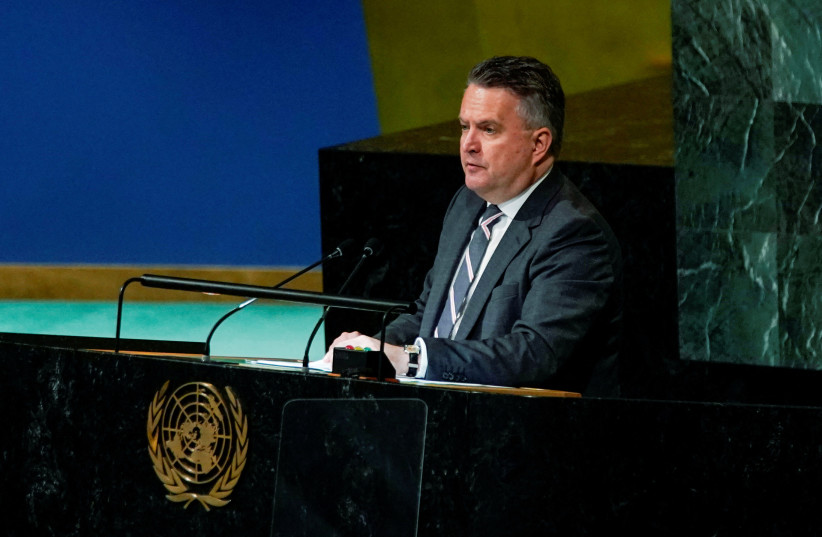 Ukrainian Ambassador to the UN Sergiy Kyslytsya speaks to delegates before a vote on a resolution recognizing Russia must be responsible for reparation in Ukraine at the United Nations Headquarters in New York, US, November 14, 2022. (photo credit: REUTERS/EDUARDO MUNOZ)