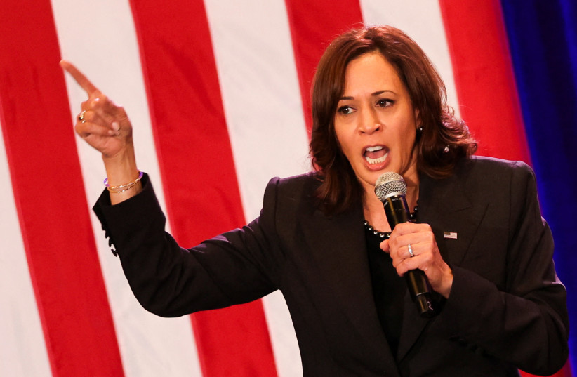 US Vice President Kamala Harris speaks on stage at ''Get Out the Vote'' rally at UCLA, in Los Angeles, California, US, November 7, 2022. (credit: REUTERS/MIKE BLAKE)