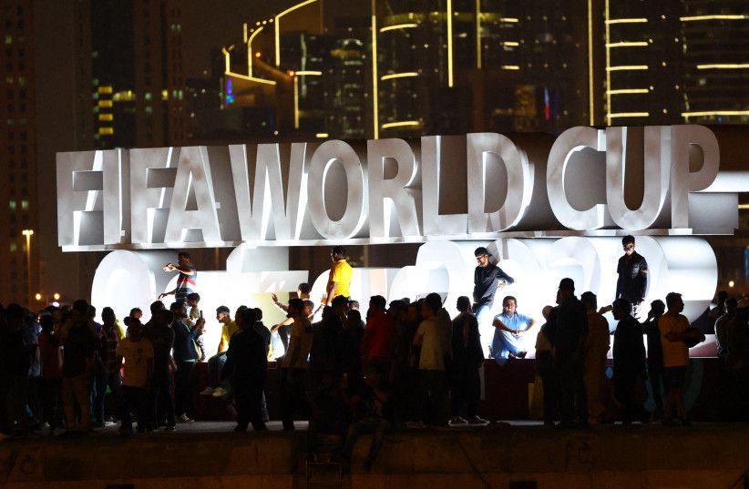  FIFA World Cup Qatar 2022 Preview, Doha, Qatar - November 18, 2022 The FIFA World Cup logo is pictured on the Corniche Promenade ahead of the FIFA World Cup Qatar 2022. (photo credit: REUTERS/FABRIZIO BENSCH)