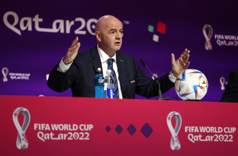  FIFA World Cup Qatar 2022 - FIFA President Press Conference - Main Media Center, Doha, Qatar - November 19, 2022 FIFA president Gianni Infantino during a press conference. (photo credit: REUTERS/MATTHEW CHILDS)