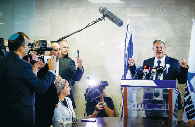  THE MEDIA are present as MK Itamar Ben-Gvir addresses his Otzma Yehudit faction in the Knesset, last week.  (photo credit: OLIVIER FITOUSSI/FLASH90)