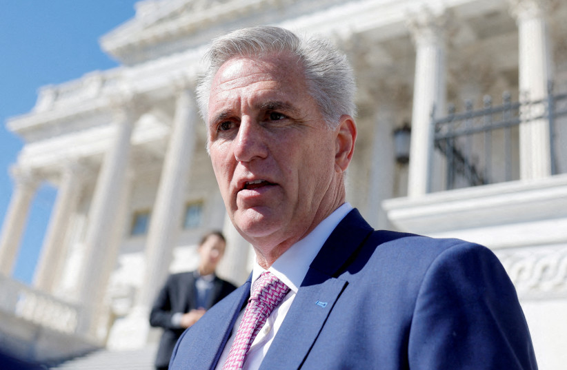 House Minority Leader Kevin McCarthy (R-CA) speaks during a news conference about the House Republicans "Commitment to America" outside the United States Capitol building in Washington, DC, US, September 29, 2022. (photo credit: REUTERS/Evelyn Hockstein/File Photo)