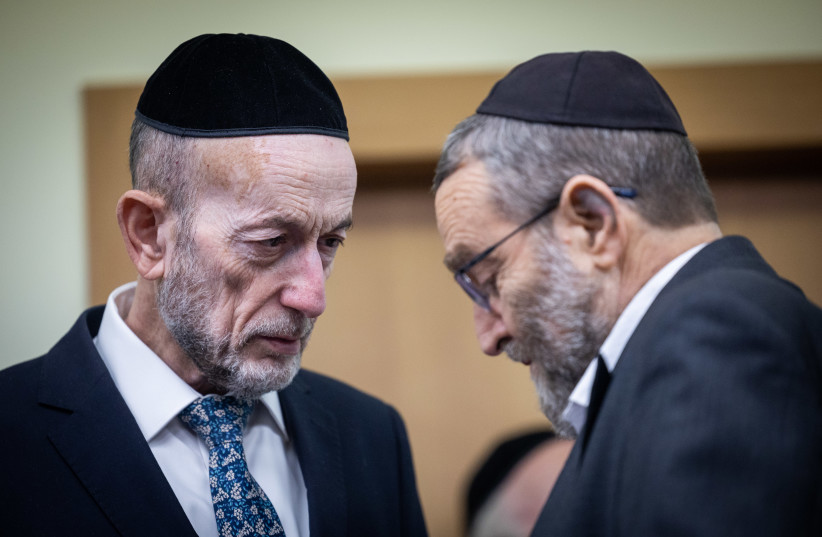  MK's Moshe Gafni and Uri Maklev speaks during a meeting of the United Torah Judaism party at the Knesset, the Israeli parliament in Jerusalem, on November 21, 2022.  (credit: YONATAN SINDEL/FLASH90)