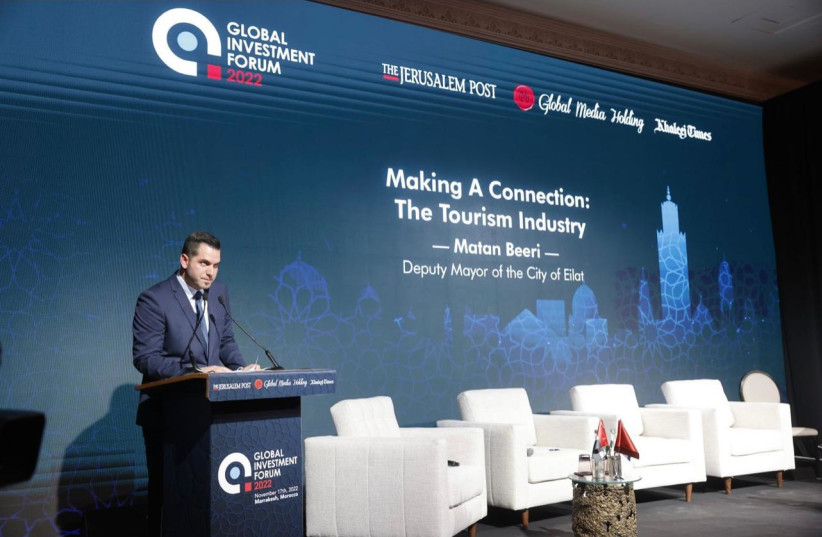 Eilat Deputy Mayor Matan Be’eri speaks at the 2022 Morocco Global Investment Forum. (photo credit: MARC ISRAEL SELLEM)
