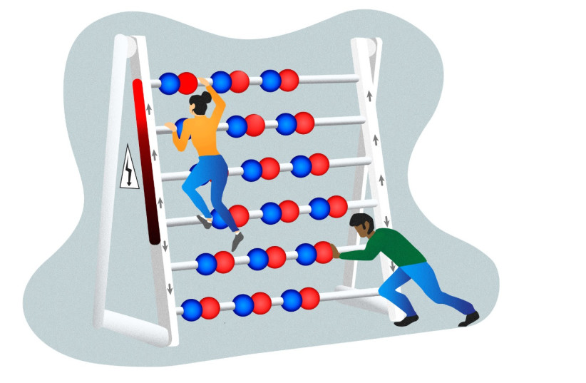   "Sliding and Climbing a Ladder-Ferroelectric": The periodic crystal is made of two different atoms, repeating with constant separations in each horizontal layer. Sliding the layers to the right or left positions, to position the red atom above the blue (or vice versa), makes electrons jump up (or  (photo credit: TEL AVIV UNIVERSITY)