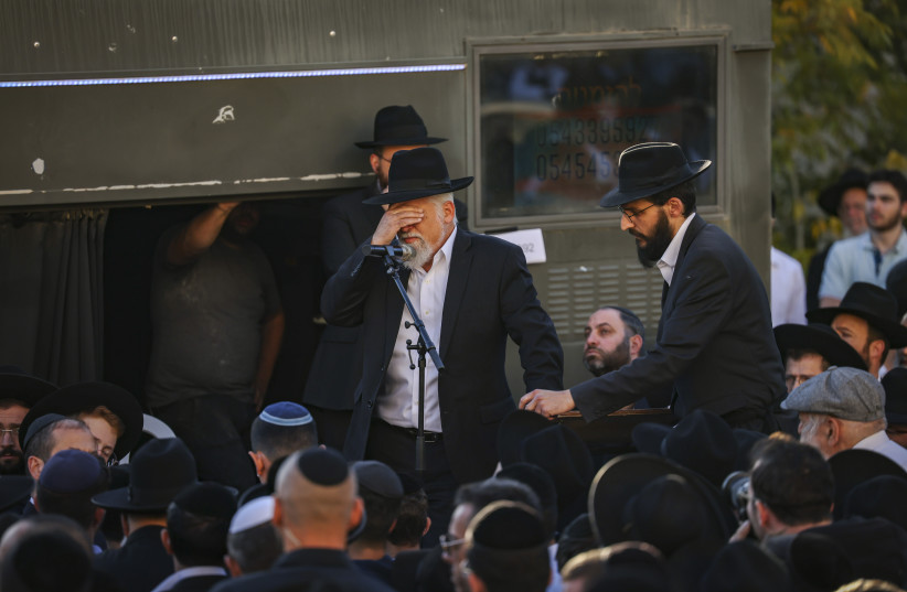  Rabbi Naftali Schreiber, the principal of the school where Aryeh Shechopek learnt, speaks at his funeral. (credit: YONATAN SINDEL/FLASH90)