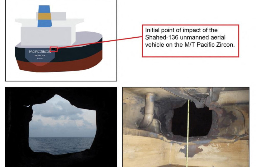 Graphic illustration and images captured by a U.S. Navy explosive ordnance disposal team aboard M/T Pacific Zircon, November 16, 2022, showing the location where an Iranian-made unmanned aerial vehicle (UAV) penetrated M/T Pacific Zircon?s outer hull during an attack (credit: US NAVY CENTRAL COMMAND/VIA REUTERS)