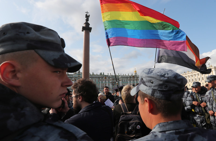  Law enforcement officers block participants of the LGBT community rally "X St.Petersburg Pride" in central Saint Petersburg, Russia August 3, 2019. (photo credit: REUTERS/ANTON VAGANOV)