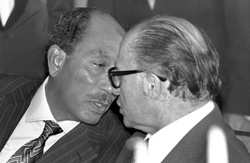  PRESIDENT ANWAR Sadat confers with prime minister Menachem Begin during Sadat’s historic visit to Jerusalem in November 1977 (credit: REUTERS)