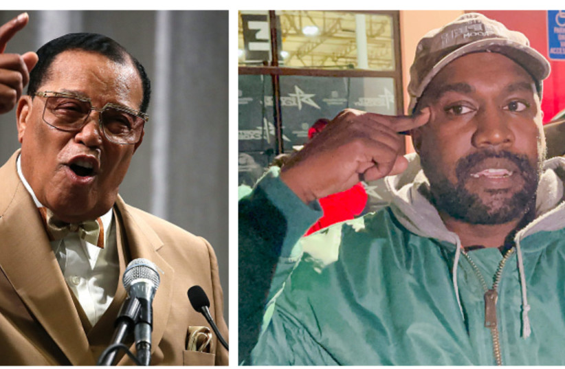  OBSERVERS OF antisemitism quickly grasped that Kanye West’s (right) antisemitism closely mirrors that of Minister Louis Farrakhan (left), the longtime leader of the Nation of Islam (photo credit: MARK WILSON/GETTY IMAGES NEWS, MEGA/GC IMAGES)