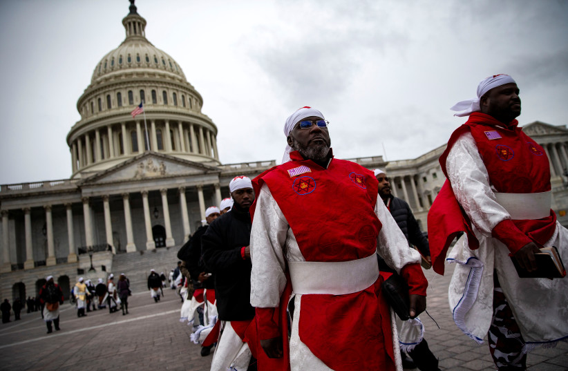  Members of the Black Hebrew Israelites demonstrate outside the U.S. Capitol in Washington, U.S., November 13, 2018 (photo credit: REUTERS/Al Drago)
