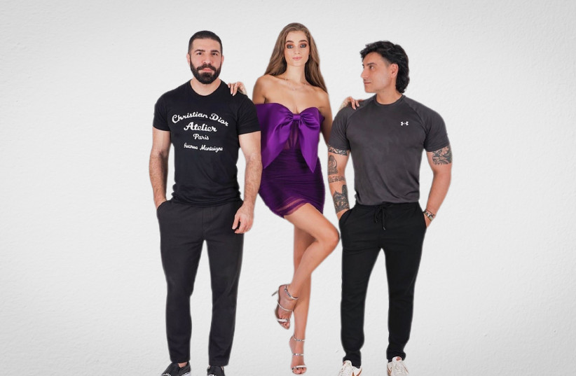  AAVVA founders Ahmad Ammar (L) and Vincenzo Visciglia (R) with a model wearing their oversized satin bow tulle mini dress. (photo credit: AAVVA FACEBOOK PAGE)