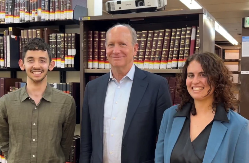  Doron Weber (C), standing with the two Israeli Rhodes Scholars-elect for 2023, Yonatan Gideoni (L) and Gal Rubin. (photo credit: Ye'ara Halevi)