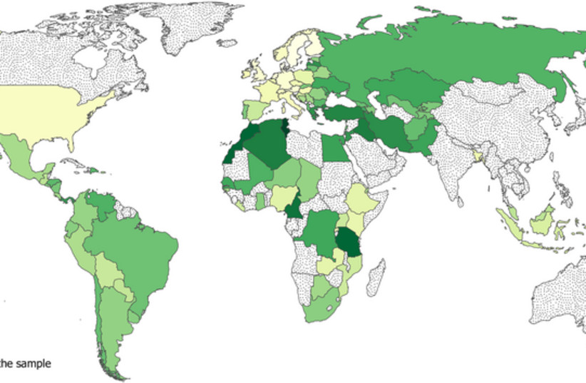  Map showing country-level prevalence of witchcraft beliefs around the world. (credit: BORIS GERSHMAN, 2022, PLOS ONE)