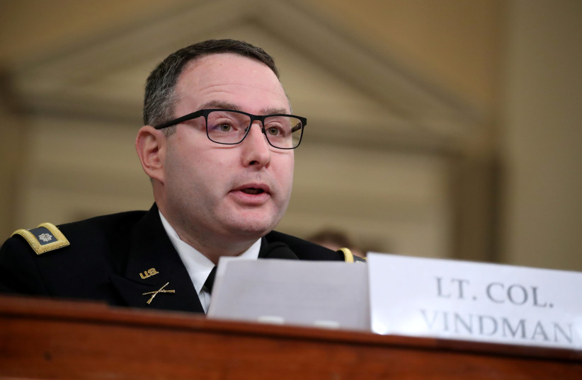 Lt. Colonel Alexander Vindman, director for European Affairs at the National Security Council, testifies before a House Intelligence Committee hearing as part of the impeachment inquiry into US President Donald Trump on Capitol Hill in Washington, US, November 19, 2019. (photo credit: REUTERS/JONATHAN ERNST)