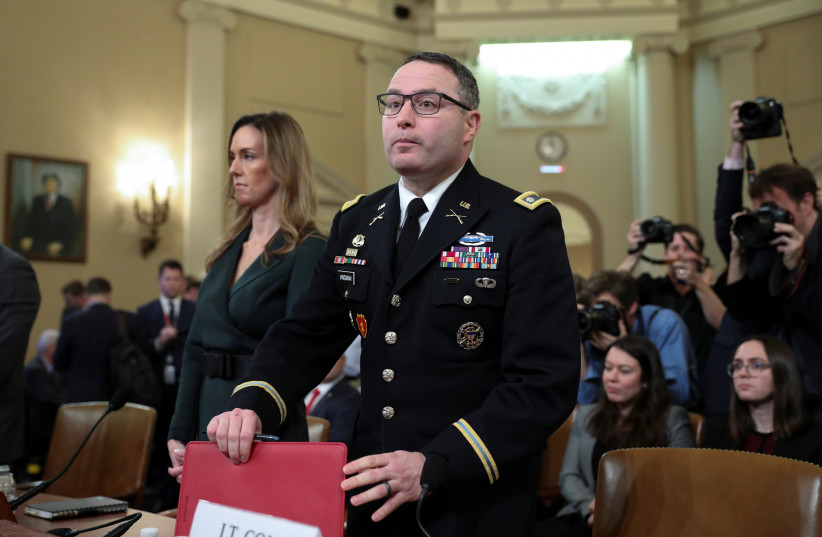 Jennifer Williams, a special adviser to Vice President Mike Pence for European and Russian affairs and Lt. Colonel Alexander Vindman, director for European Affairs at the National Security Council, testify at a House Intelligence Committee hearing in Washington, US, November 19, 2019. (credit: REUTERS/LOREN ELLIOTT)
