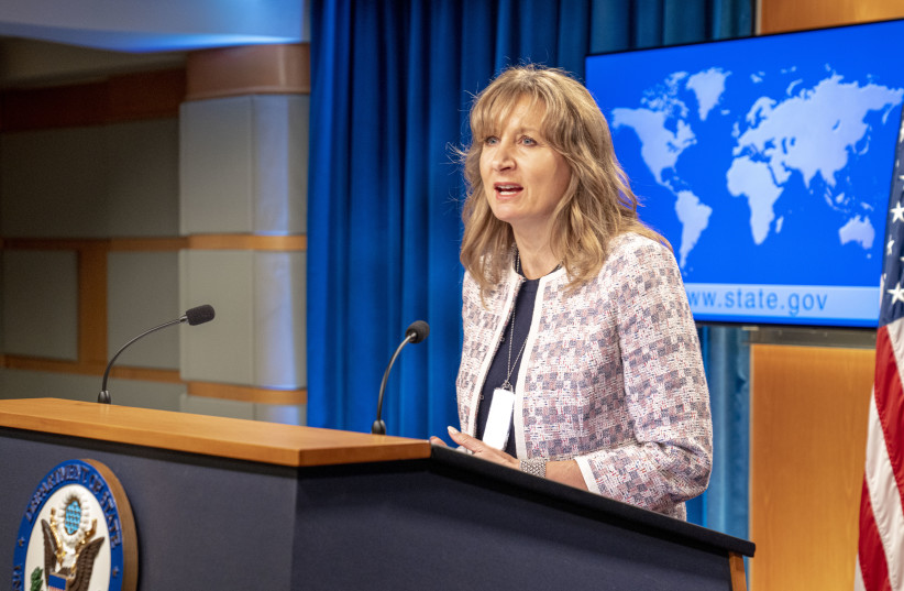 Ambassador at Large for Global Criminal Justice Beth Van Schaack joins Department Spokesperson Ned Price at the top of the Daily Press Briefing at the US State Department in Washington, DC, on March 23, 2022. (photo credit: US DEPARTMENT OF STATE/PUBLIC DOMAIN/VIA WIKIMEDIA COMMONS)