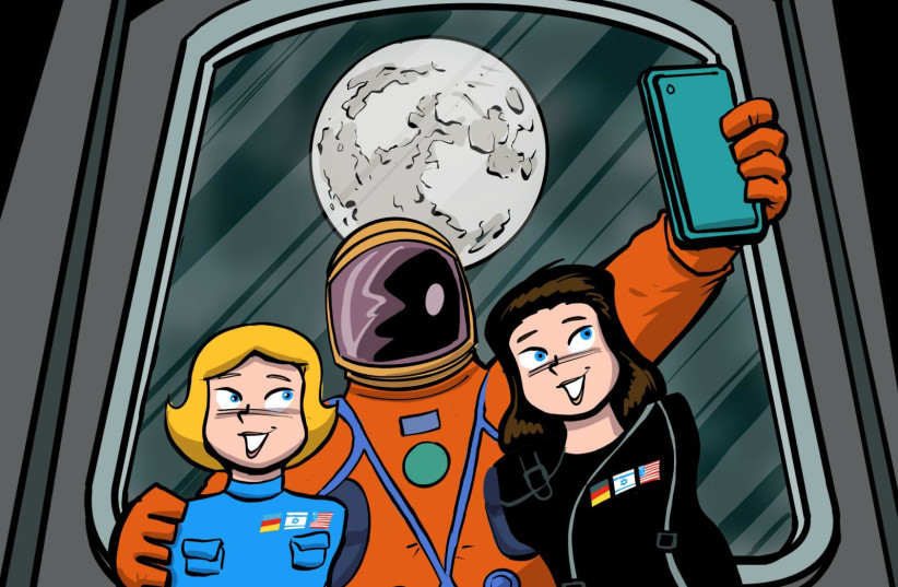  Zohar, Helge and Commander Moonikin Campos are seen taking a selfie by the Moon in this illustration of NASA's Artemis I Mission. (photo credit: Uri Fink/Science and Technology Ministry)