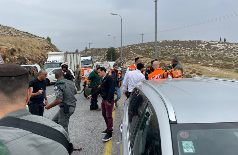  The scene of a suspected car ramming attack near Kochav Yaakov in the West Bank, November 29, 2022. (photo credit: UNITED HATZALAH‏)