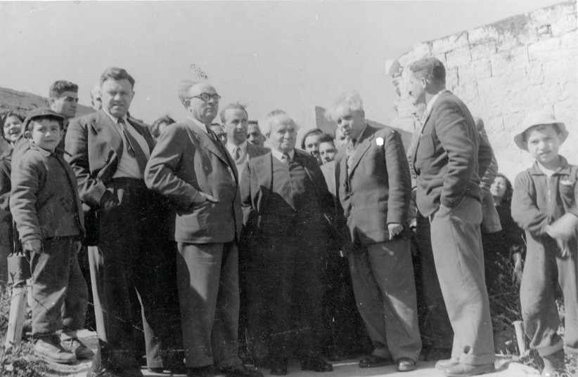  (FROM 3RD L)  ‘Palestine Post’ founder Gershon Agron is flanked by Jerusalem mayor Teddy Kollek (L) and David Ben-Gurion, in the Old City.  (credit: Jerusalem Post archives)